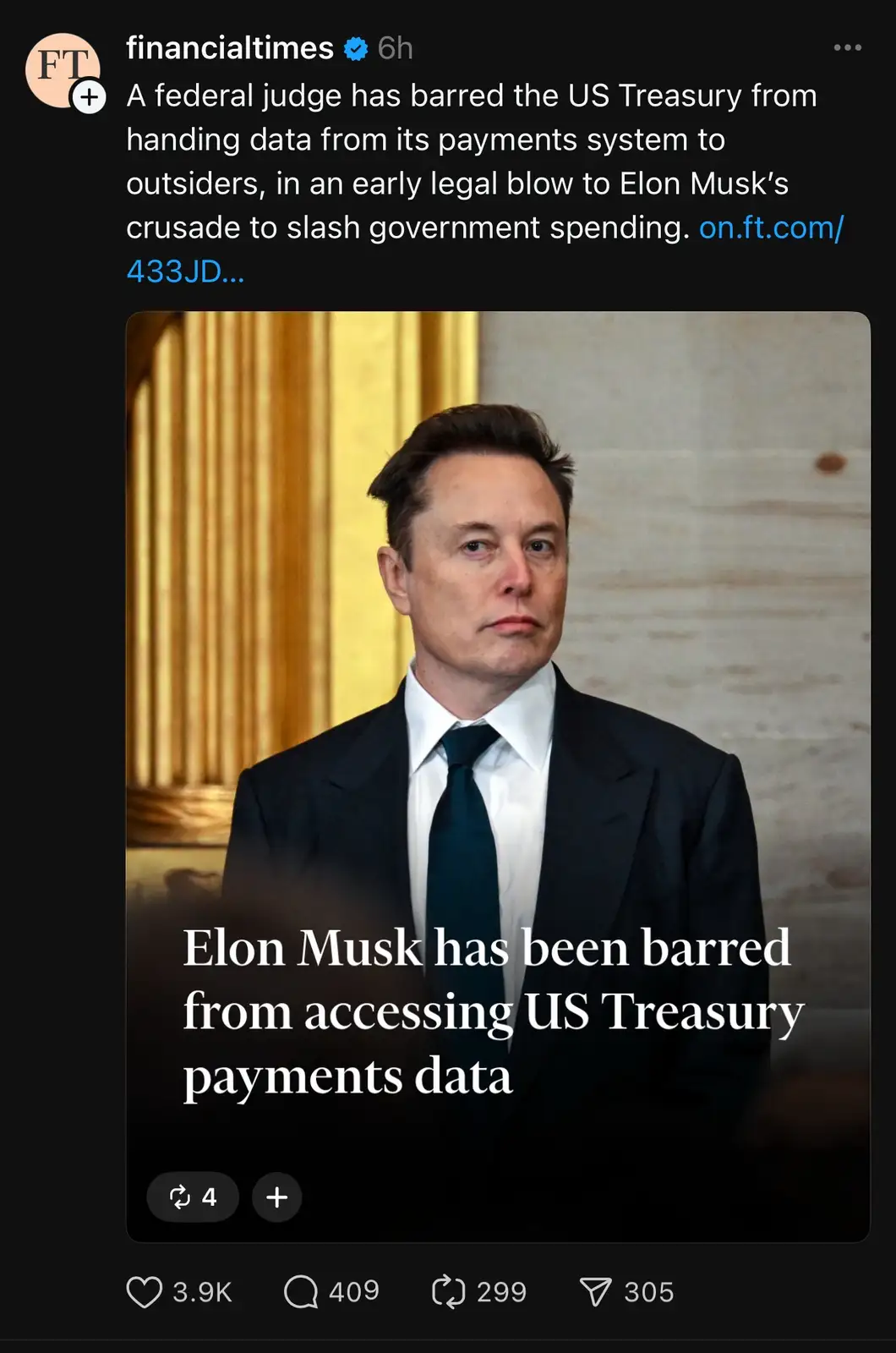 A screenshot of a tweet from the Financial Times shows a photo of Elon Musk in a suit looking serious, with white text…