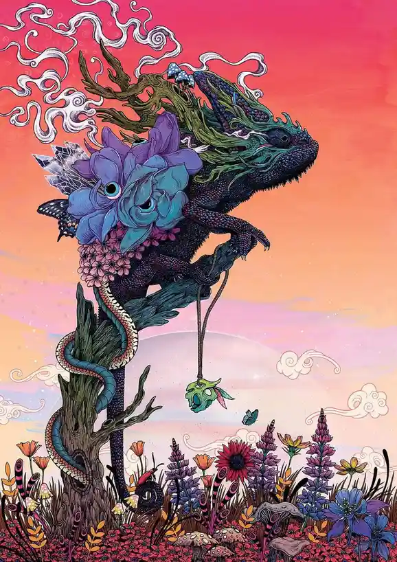 A surreal, psychedelic illustration features a chameleon perched on a gnarled tree stump, adorned with large blue flowers…