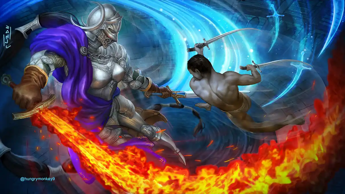 A heavily armored knight in silver plate and purple cloak clashes with a shirtless, muscular man wielding two swords. The…
