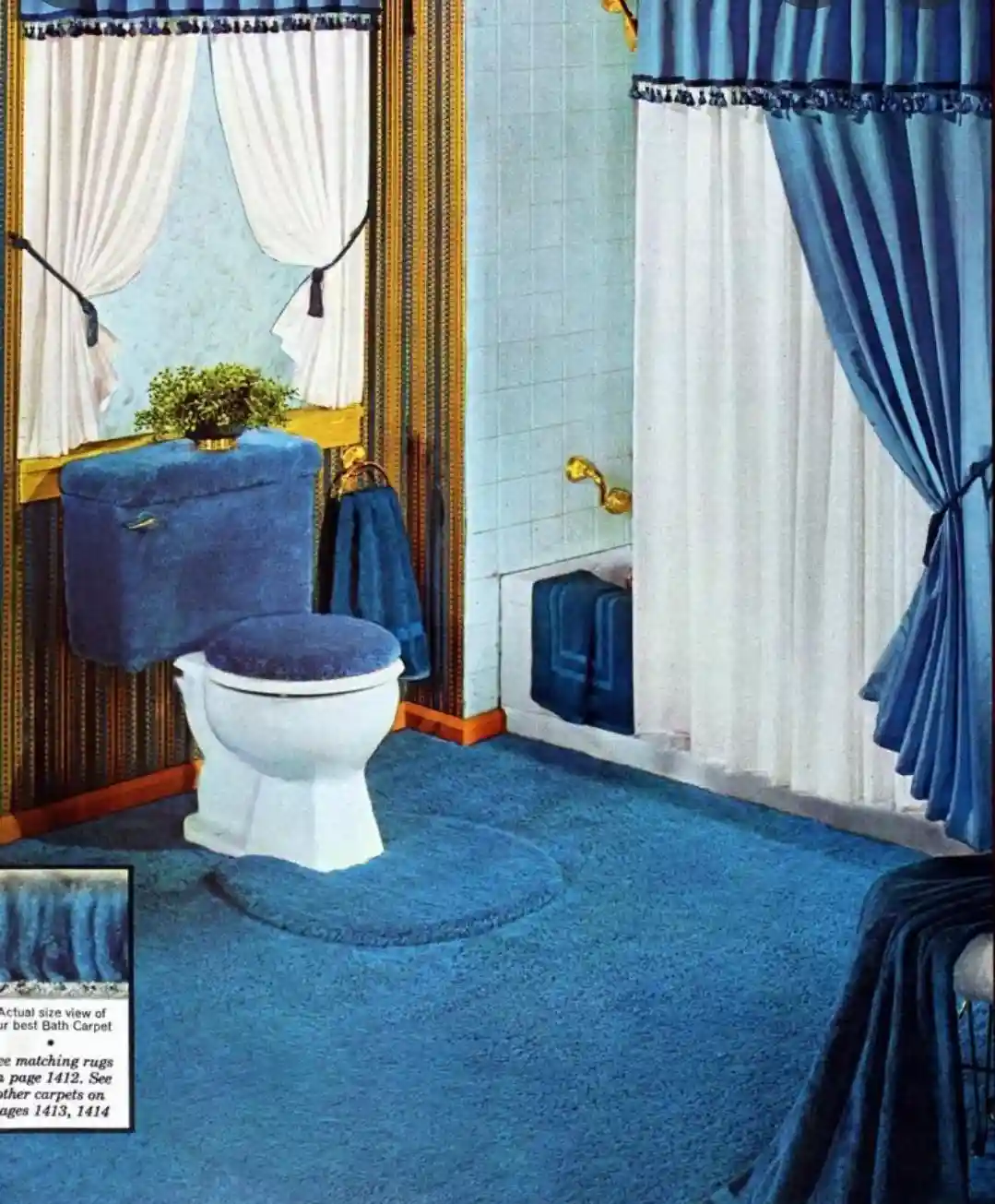 A vintage bathroom advertisement featuring a toilet with a blue carpeted lid and seat, set in a room with blue carpeting…