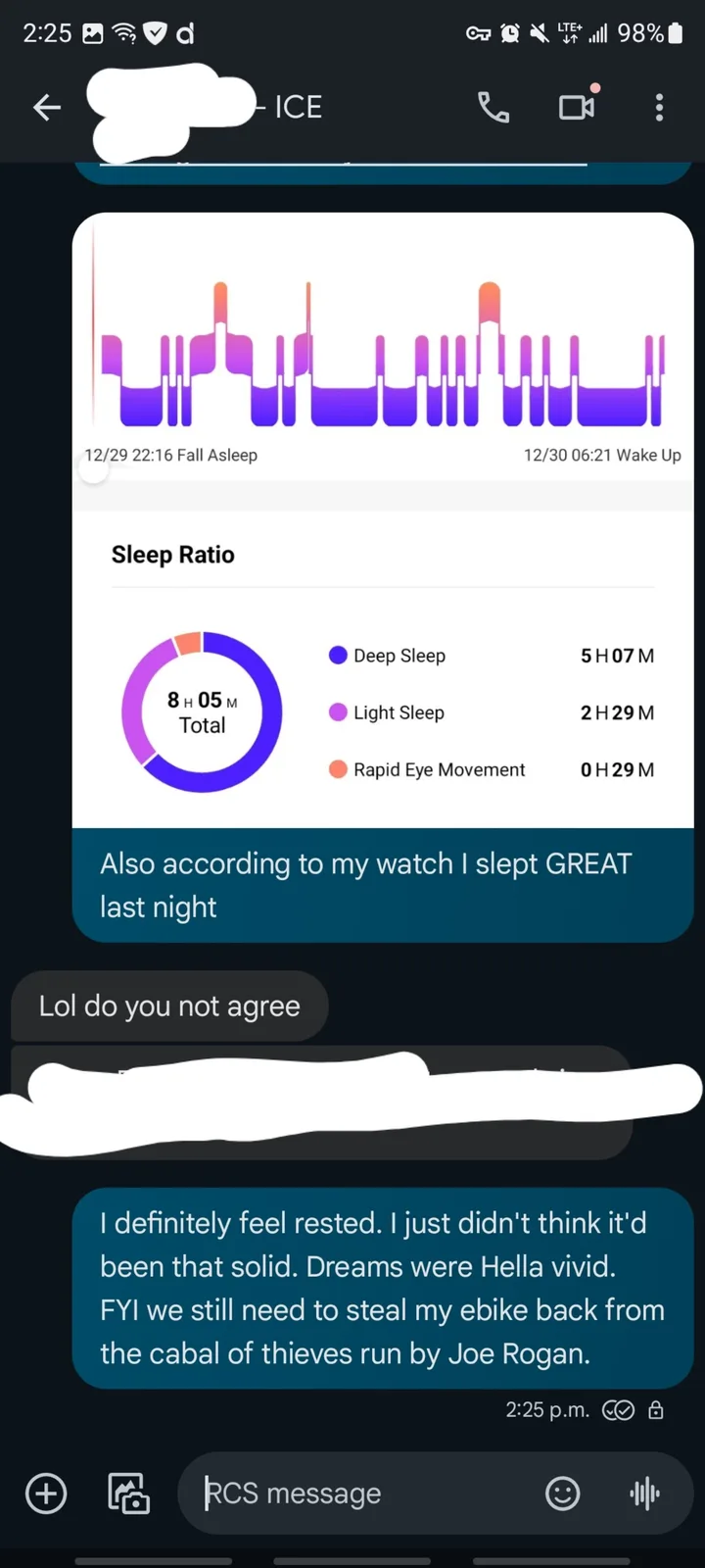 A screenshot of a text conversation shows a user sharing their sleep tracking data from a smartwatch, which indicates 8…