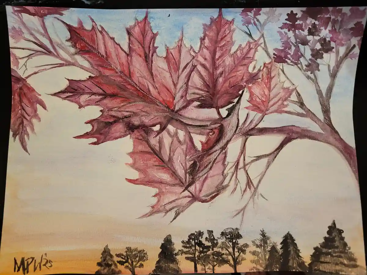 A watercolor painting of autumn maple leaves in red and purple hues against a twilight sky, with silhouetted trees in the…