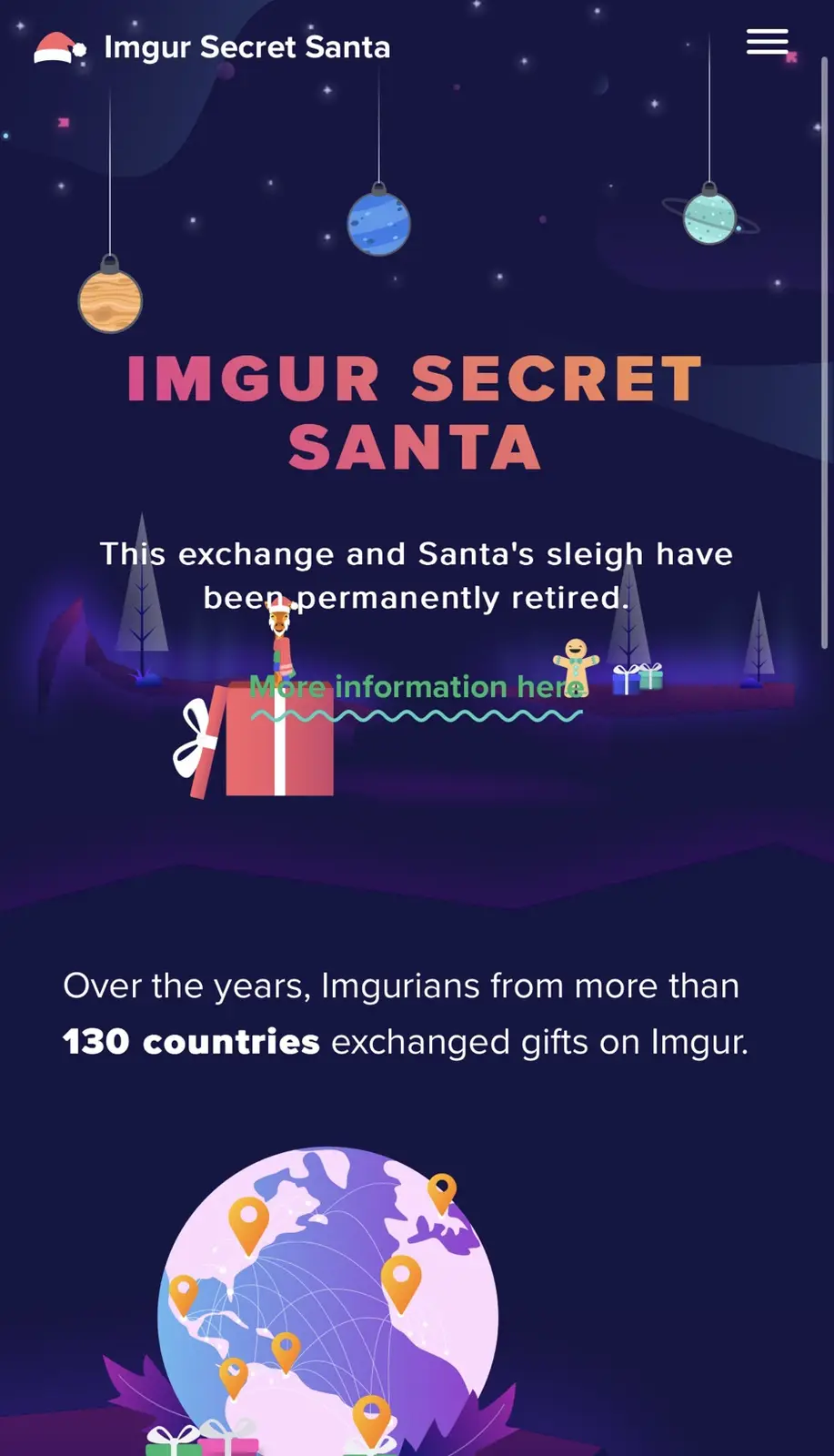 An Imgur Secret Santa announcement screen shows a festive, cartoon-style night scene with hanging ornaments, a large gift…