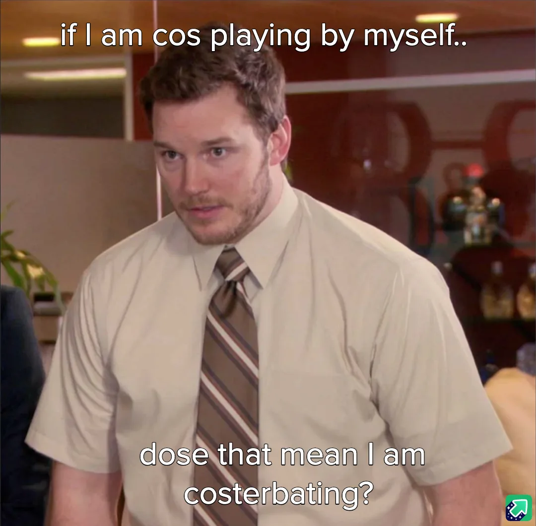 A man in a beige shirt and striped tie looks confused, with text overlaid that reads 'if I am cos playing by myself..' and…