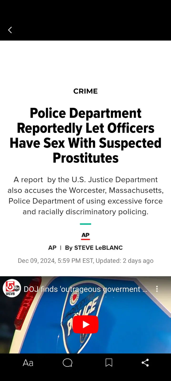 A screenshot of a news article titled 'Police Department Reportedly Let Officers Have Sex With Suspected Prostitutes' from a…