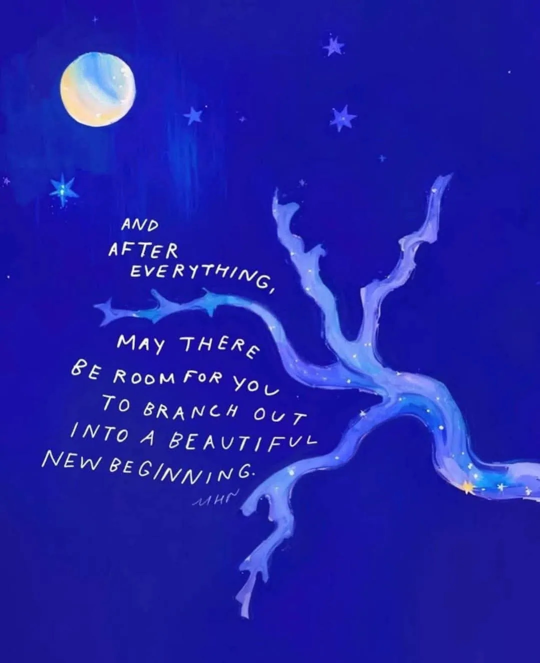 A serene blue-toned illustration depicts a stylized tree branch reaching upward against a starry night sky with a crescent…