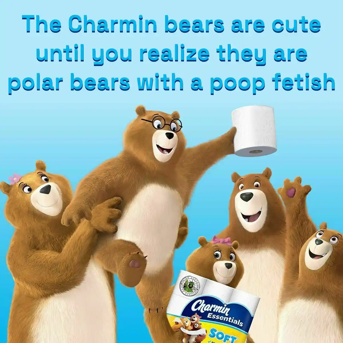 An advertisement image featuring five cartoon bears, including a central bear holding a toilet paper roll, with a Charmin…