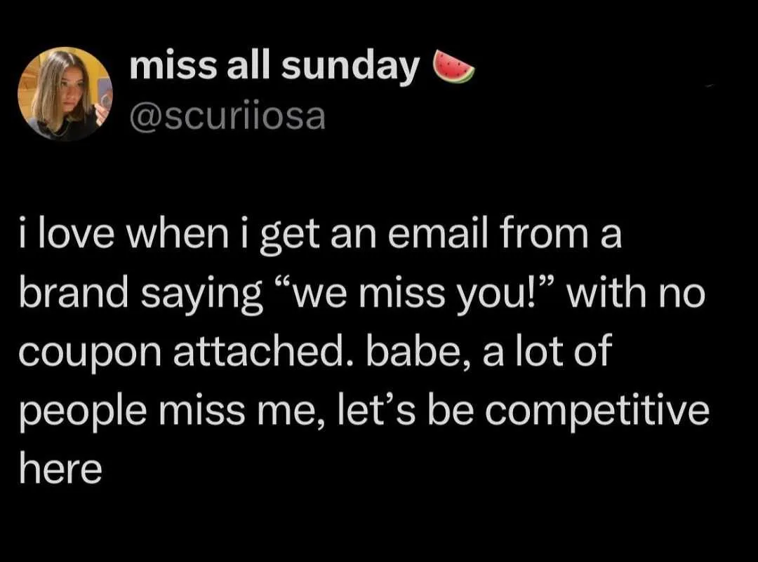A screenshot of a tweet by user 'miss all sunday' with a watermelon emoji, showing a black background with white text. The…
