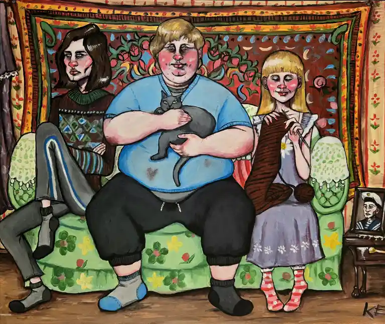 A colorful, stylized painting shows three people sitting on a floral-patterned couch: a person with long brown hair on the…
