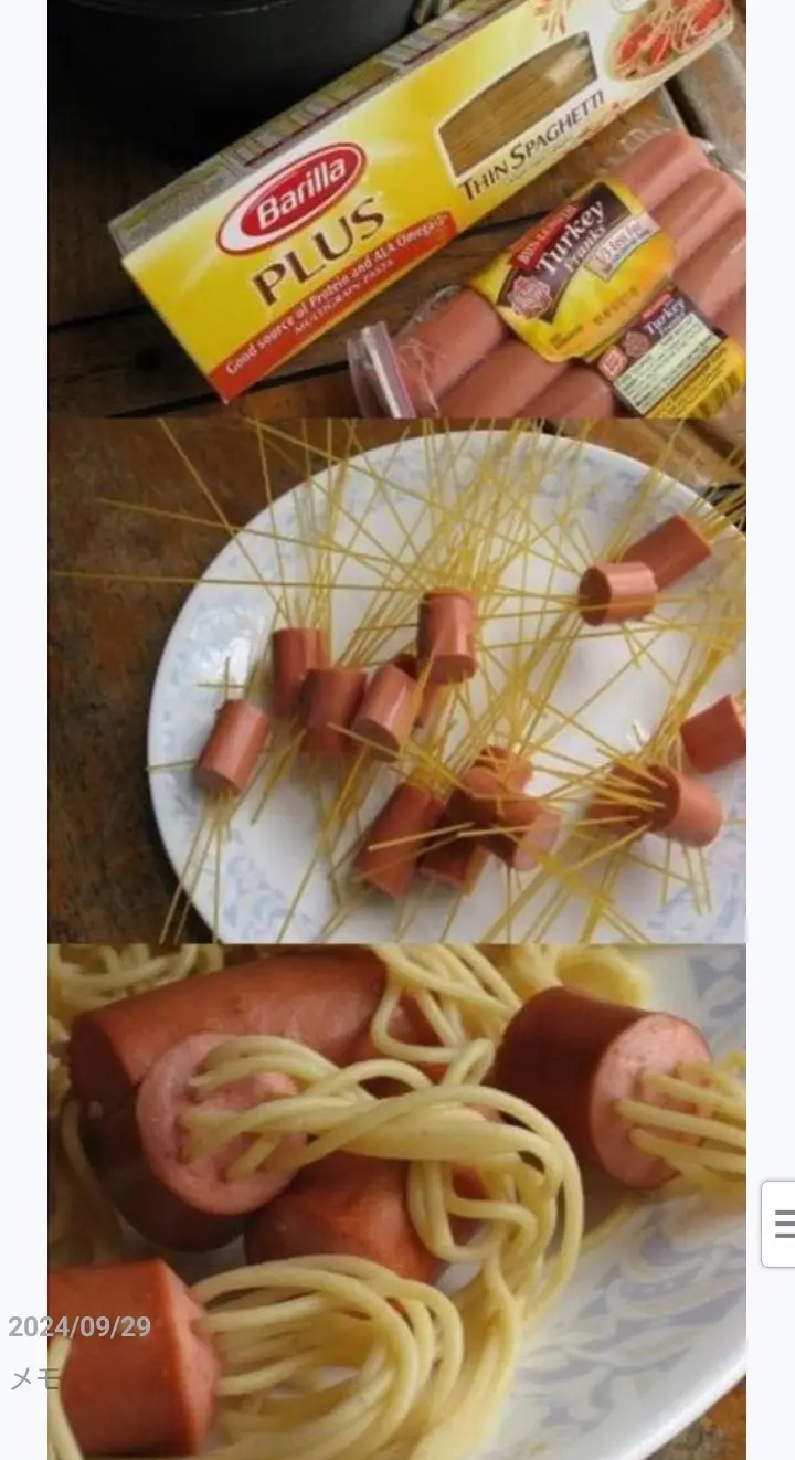 The image shows a three-panel collage: top panel displays a box of Barilla Plus Thin Spaghetti and a package of Turkey…