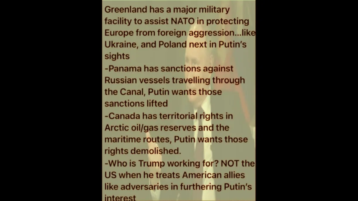 A blurry image of a man in a suit and tie, overlaid with dark brown text listing geopolitical claims about Greenland…