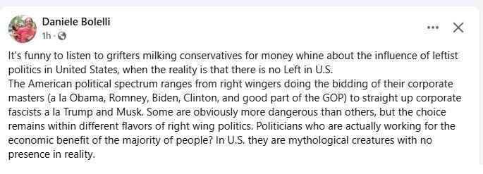 A screenshot of a Facebook post by 'Daniele Bolelli' with a lengthy text overlay criticizing U.S. politics, claiming there…