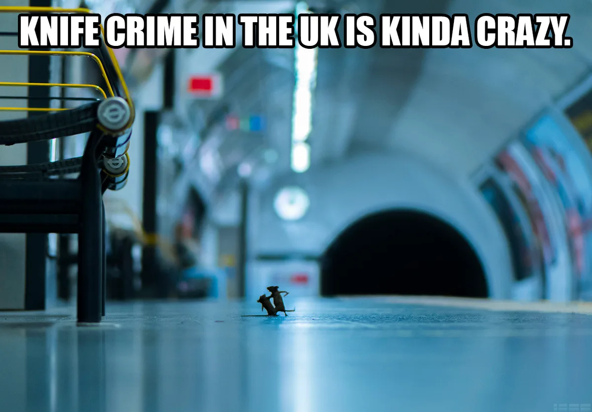 A low-angle shot shows two tiny toy mice on a shiny blue floor, one appearing to stab the other with a miniature knife. In…