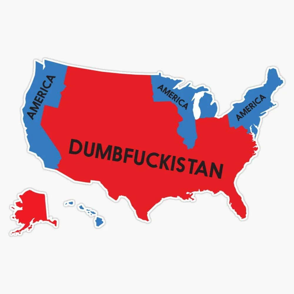 A stylized map of the United States with most states colored red and labeled 'DUMBFOCKISTAN' in large black text across the…