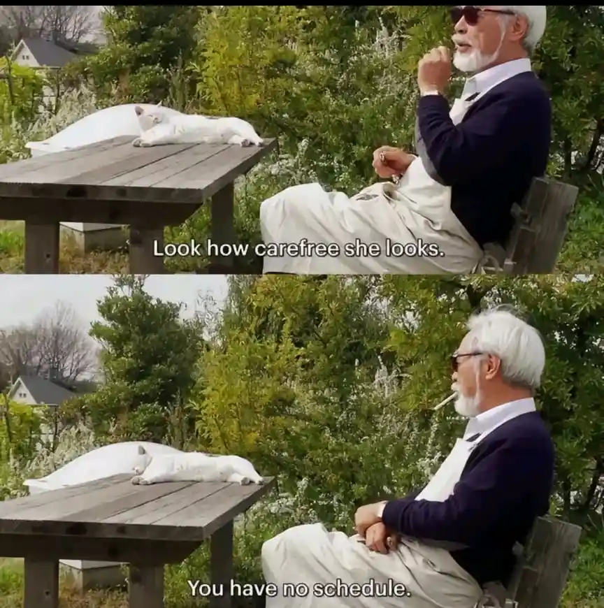 A two-panel image shows an elderly man with white hair and a beard, wearing sunglasses and an apron, sitting at a wooden…
