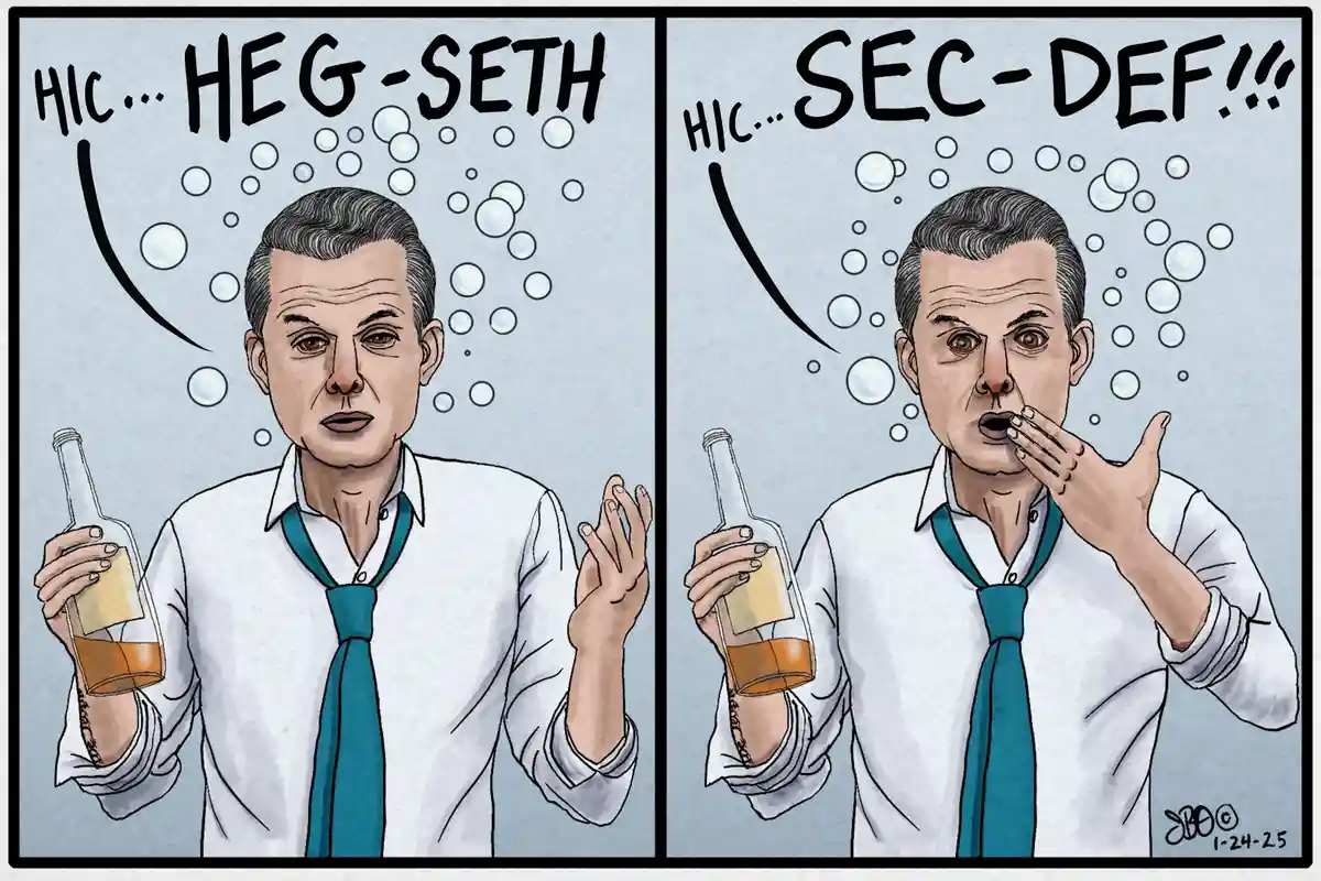 A two-panel comic strip shows a man in a white shirt and teal tie holding a bottle of alcohol. In the first panel, he looks…