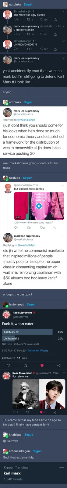 A screenshot of a Twitter thread where a user named 'mark lee supremacy' defends Karl Marx after being mistaken for a fan of…