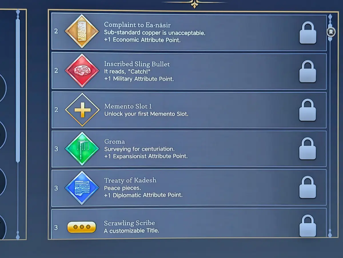 A screenshot from a strategy game's achievement or unlock menu, showing seven locked items with icons and descriptions…