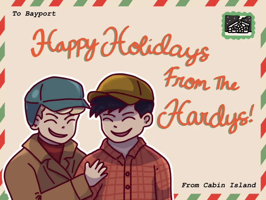A festive holiday card illustration featuring two smiling cartoon boys, one in a blue cap and brown coat, the other in a…