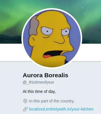 A social media profile shows a circular profile picture of the Simpsons character Mr. Burns with a shocked expression, set…