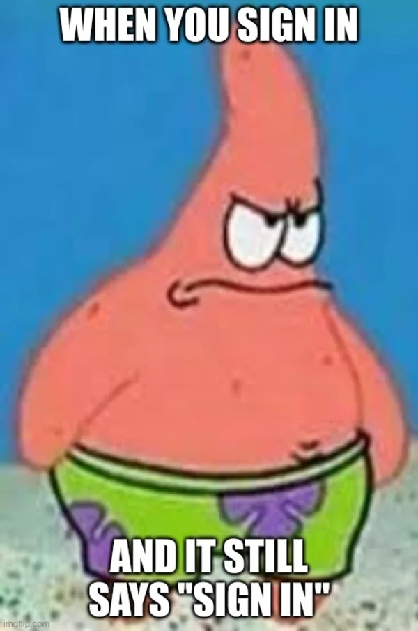 A close-up of the cartoon character Patrick Star from SpongeBob SquarePants, looking extremely annoyed and frustrated with…