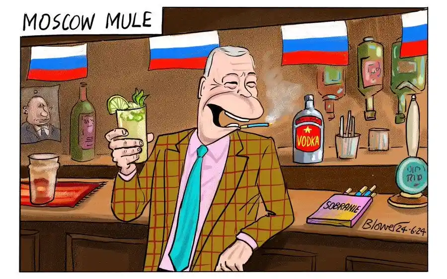 A cartoon man in a plaid jacket and blue tie sits at a bar, holding a cocktail garnished with lime and mint, while smoking a…