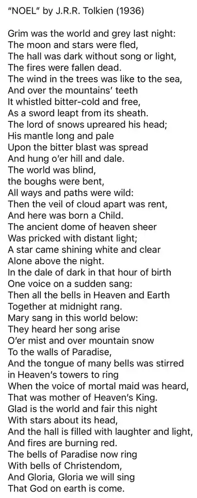 The image displays a full poem titled "NOEL" by J.R.R. Tolkien (1936), presented in black text on a plain white background…