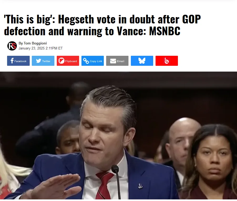 A screenshot of a news article headline from MSNBC, featuring a photo of a man in a blue suit and red tie speaking at a…