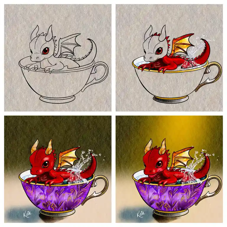 A four-panel image shows a small dragon being progressively colored and detailed inside a teacup, starting as a…