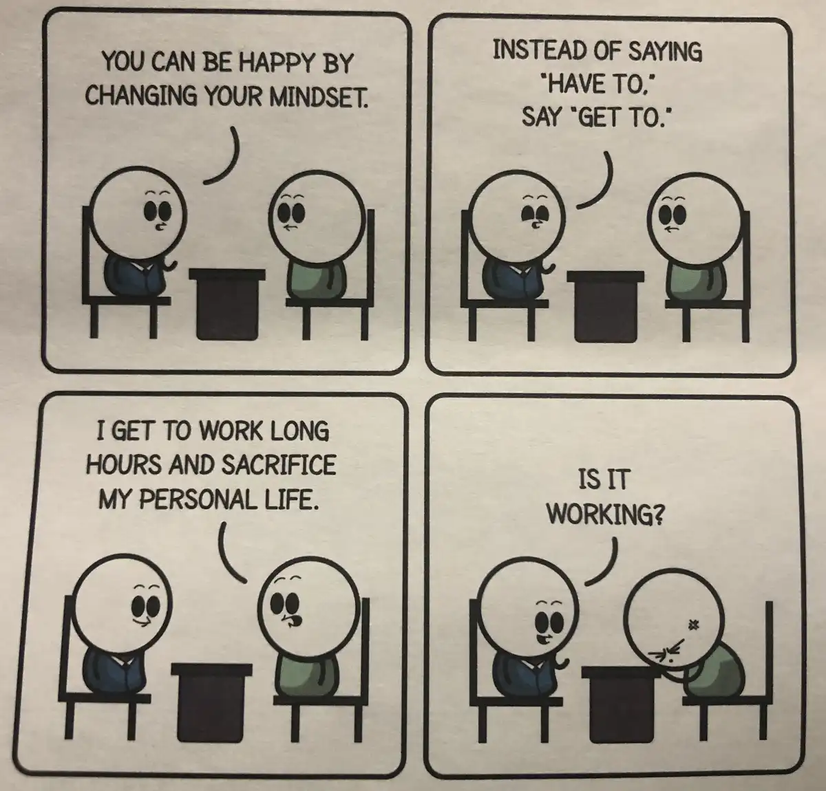 A four-panel comic shows two stick-figure characters in a counseling session. The counselor advises changing mindset by…