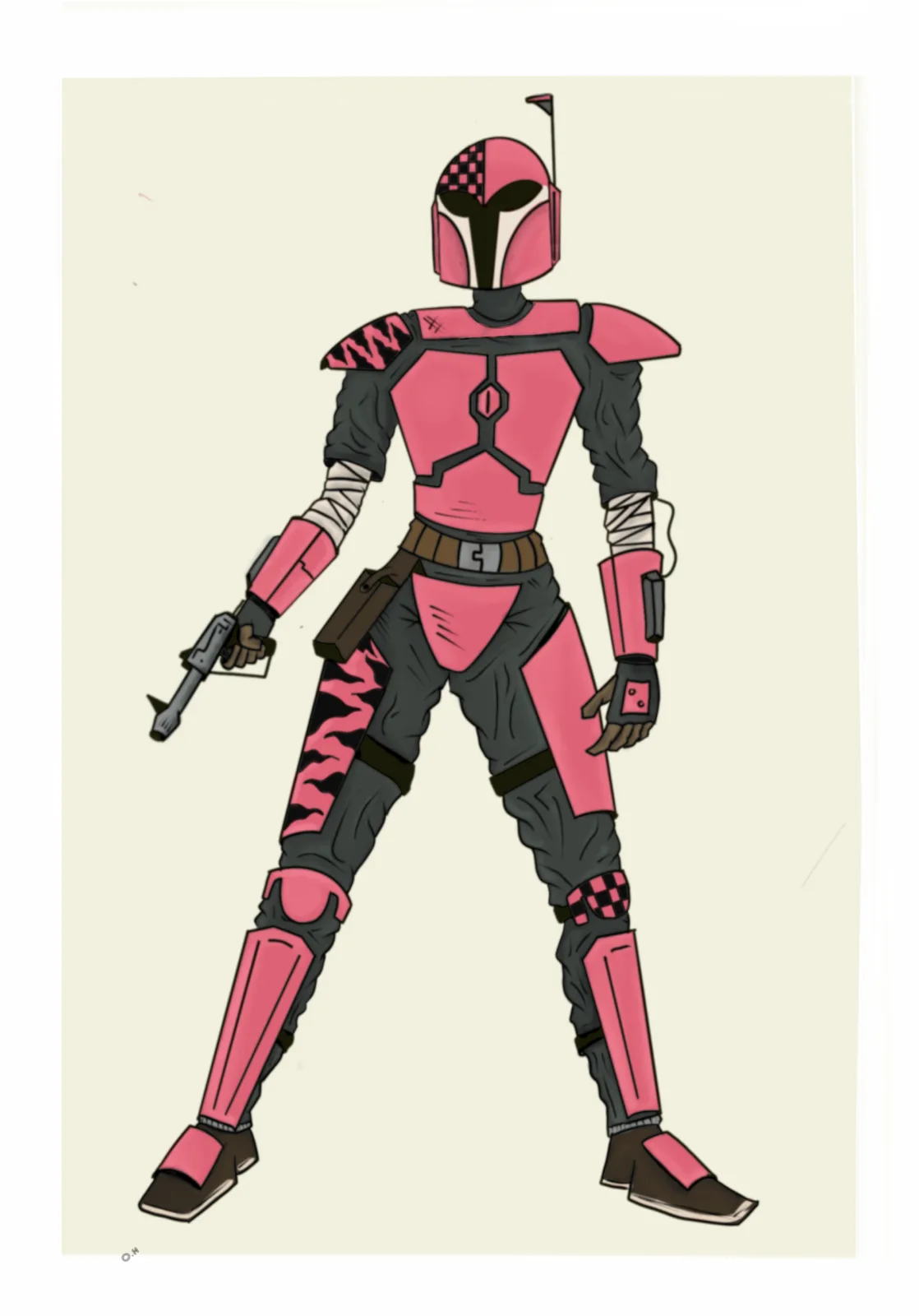 A full-body illustration of a Mandalorian-style warrior in a predominantly pink and black armored suit, holding a blaster…
