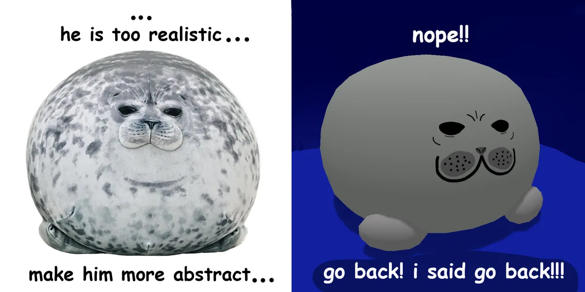 The image is split into two panels. The left panel shows a highly realistic, round, spotted seal with the text 'he is too…
