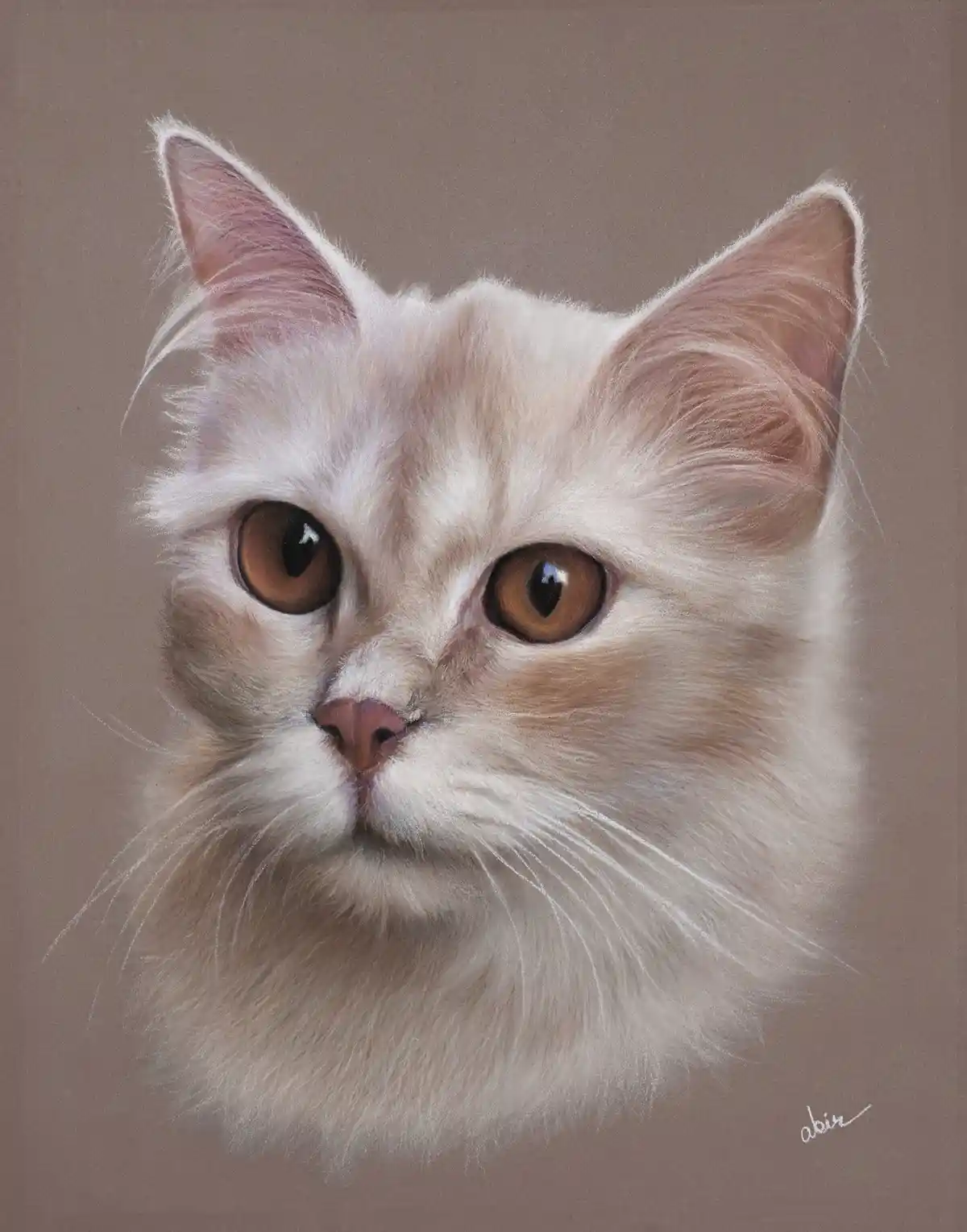 A hyperrealistic painting of a fluffy, light-colored cat with large, expressive brown eyes and a serious, slightly…