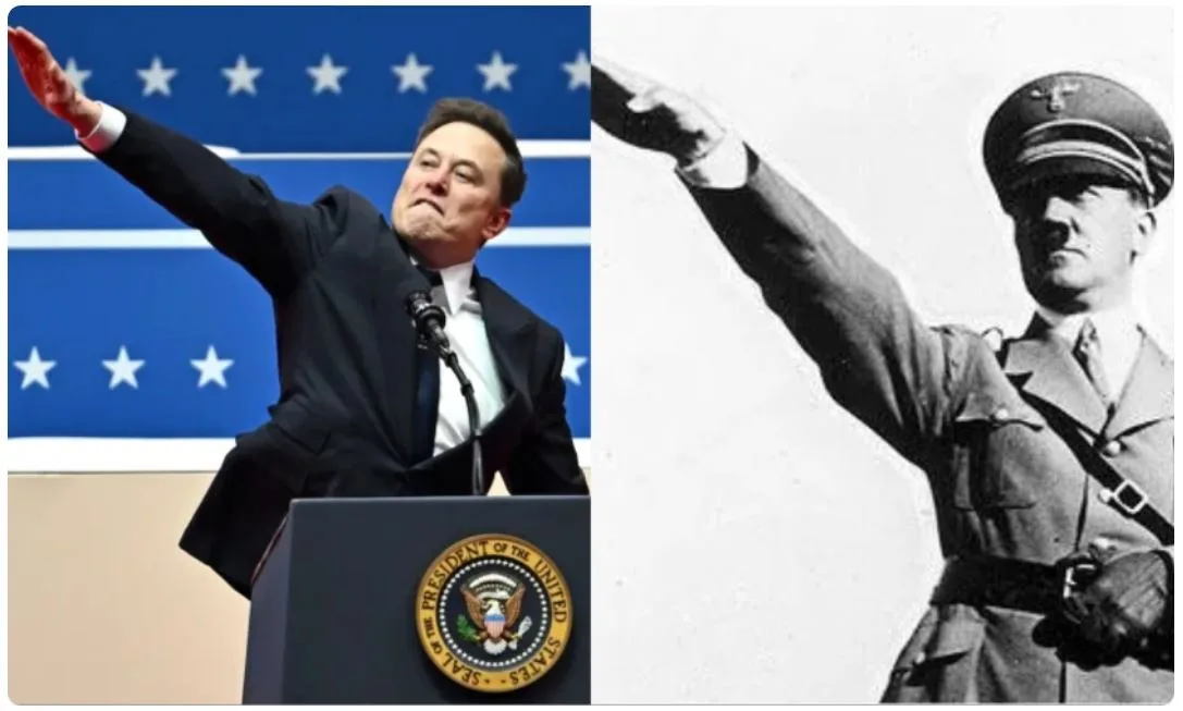 The image is a side-by-side comparison: on the left, Elon Musk in a suit at a podium with the Seal of the President of the…
