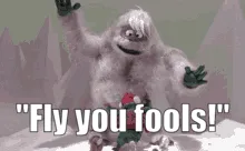 Six panels show a progression: a large furry creature shouting "Fly you fools!", then a small green creature doing the same…