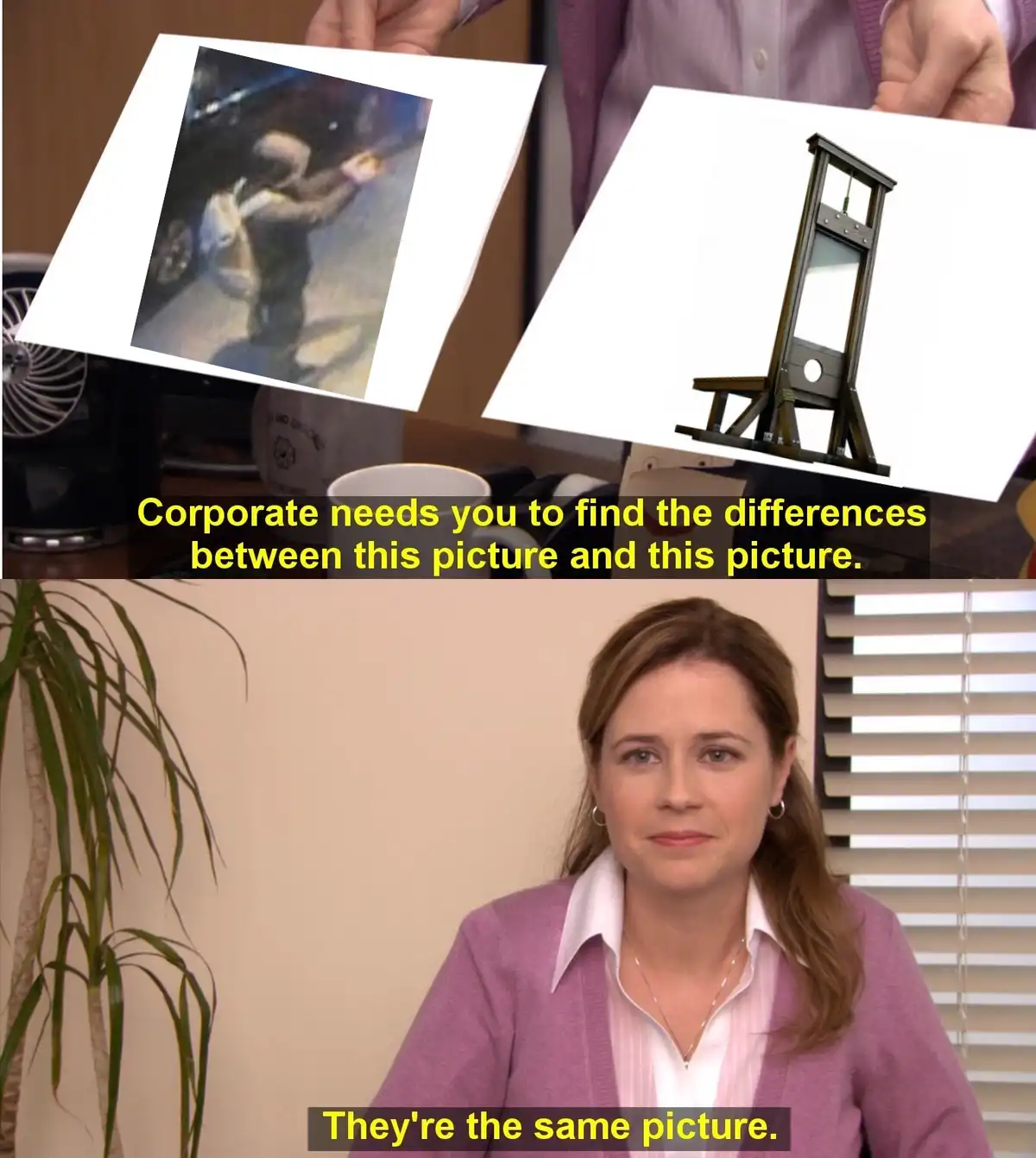 Two photos are held up side-by-side: one is a blurry, low-quality image of a person in a helmet holding something, and the…