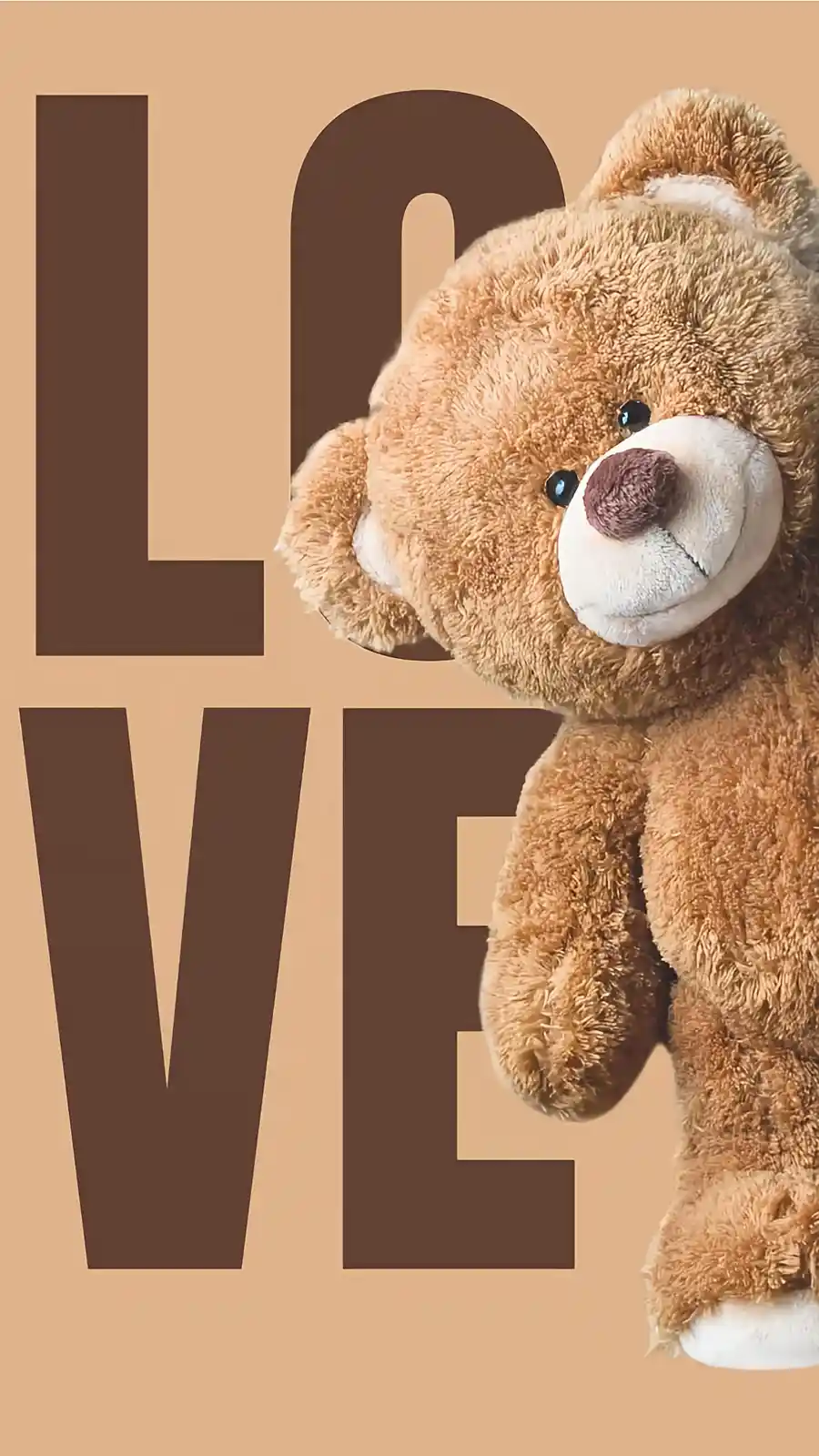 A brown teddy bear is positioned to the right, partially obscuring the large brown letters spelling 'LOVE' on a beige…