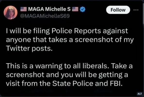 A screenshot of a Twitter post from user @MAGAMichelleS69, who claims to file police reports against anyone who takes a…
