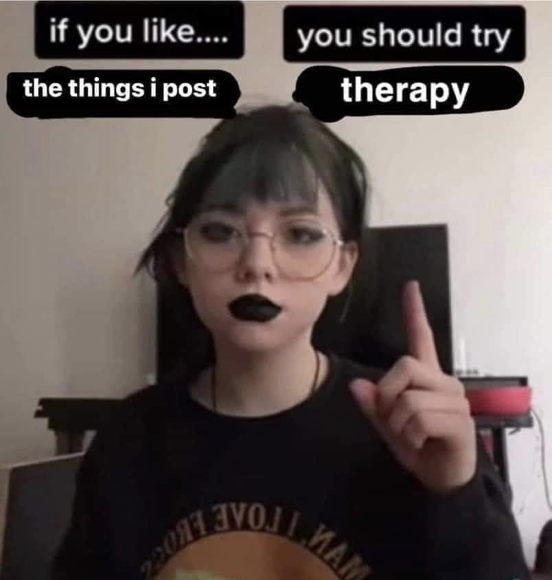 A person with dark lipstick and glasses points upward while text overlays read 'if you like....' and 'you should try' above…