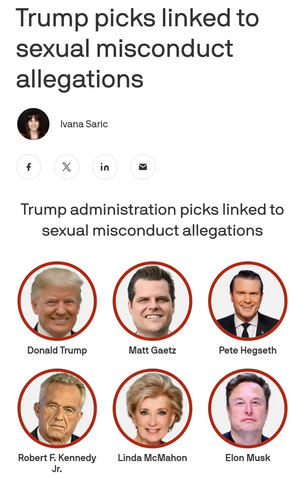 A screenshot of a news article titled 'Trump picks linked to sexual misconduct allegations' by Ivana Saric, displaying six…