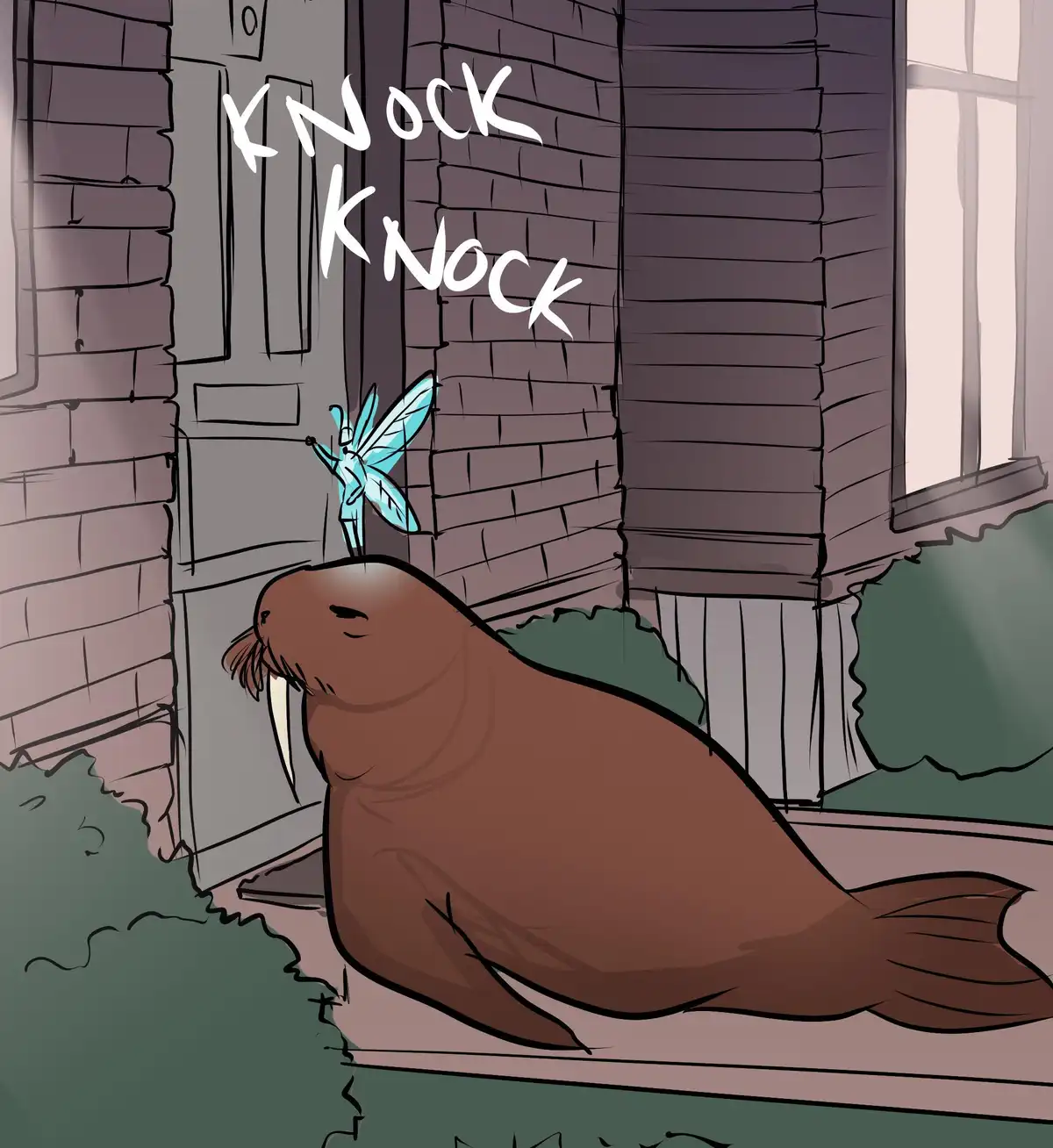 A cartoon walrus lies on a porch in front of a door, with a tiny blue fairy perched on its head. The fairy is depicted…