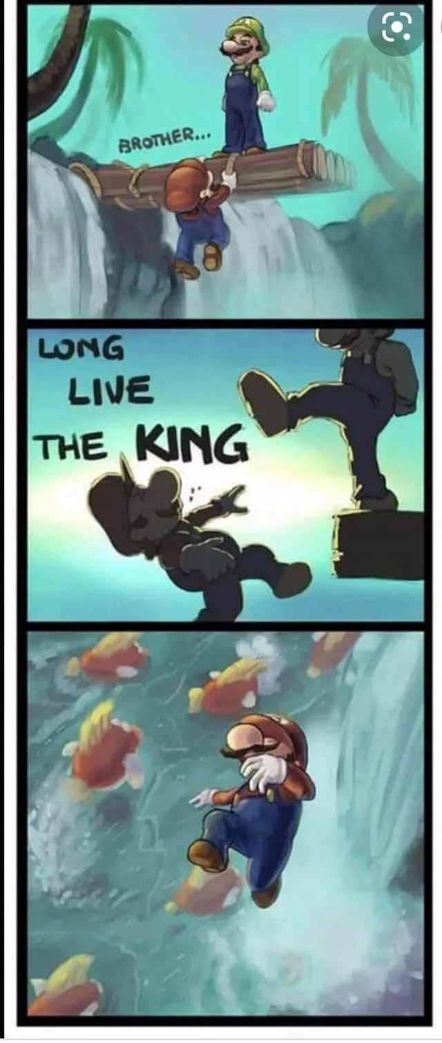 A three-panel comic strip featuring Mario and Luigi from the Super Mario series. In the first panel, Luigi stands on a log…