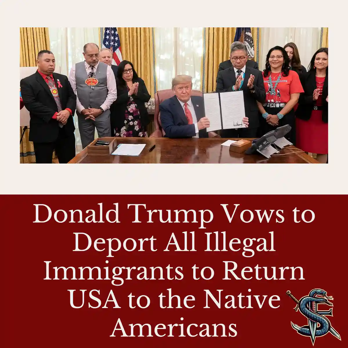 A photo shows Donald Trump seated at a desk in the Oval Office holding up a signed document, surrounded by several people…