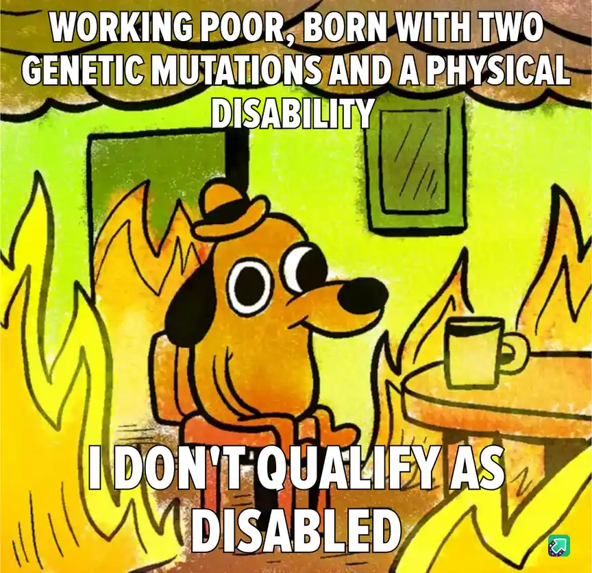 A cartoon dog wearing a hat sits calmly in a room engulfed in flames, holding a mug. The text above reads 'WORKING POOR…