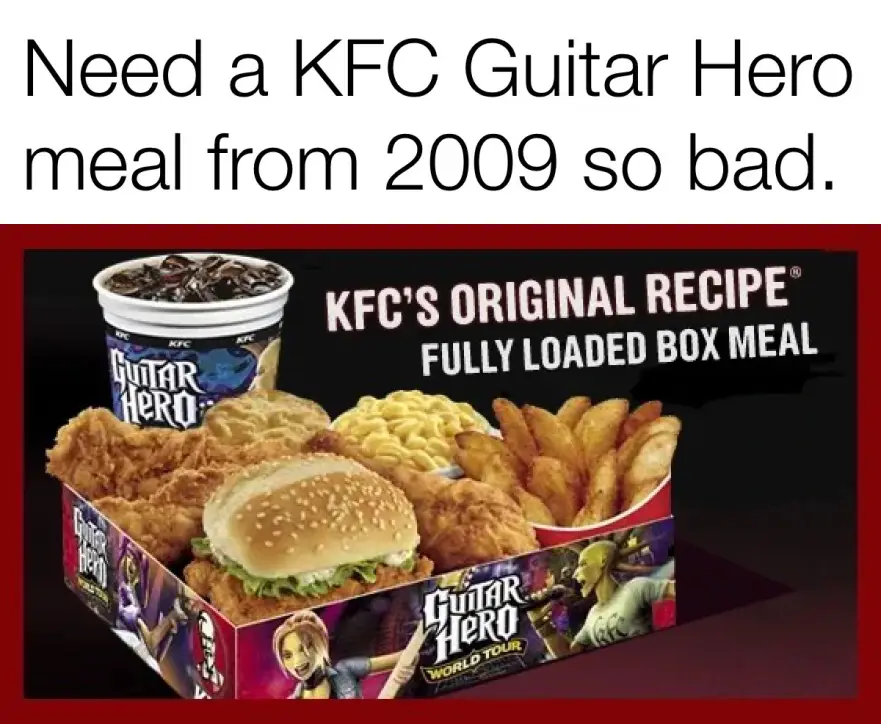 An advertisement image for a KFC meal featuring fried chicken, a hamburger, macaroni and cheese, and fries, all packaged in…
