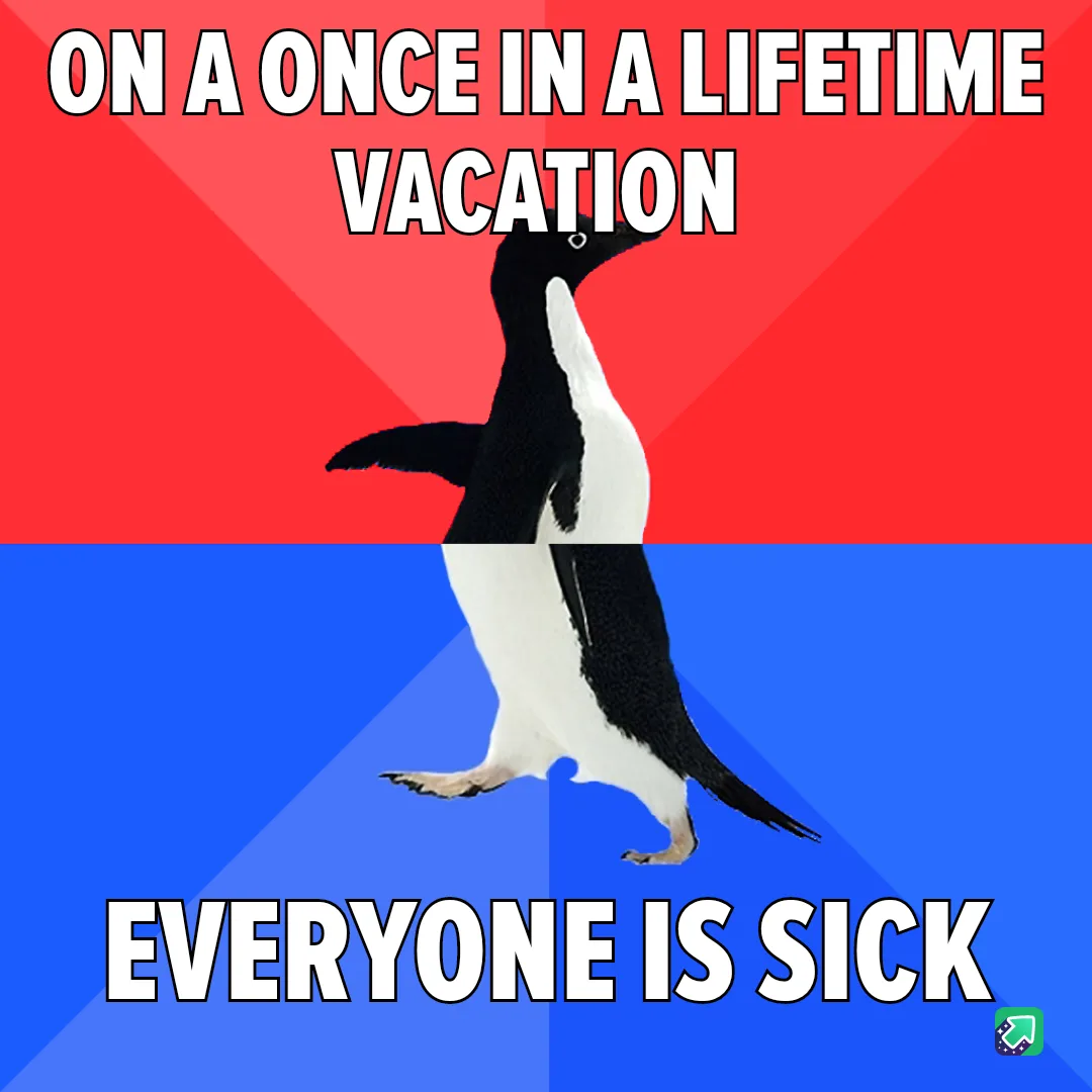 A black-and-white penguin stands centered against a red-and-blue background, with bold white text at the top reading 'ON A…