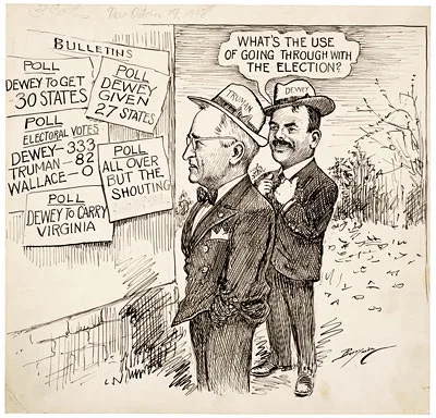 A vintage political cartoon shows two men in suits and hats standing beside a bulletin board covered with election poll…
