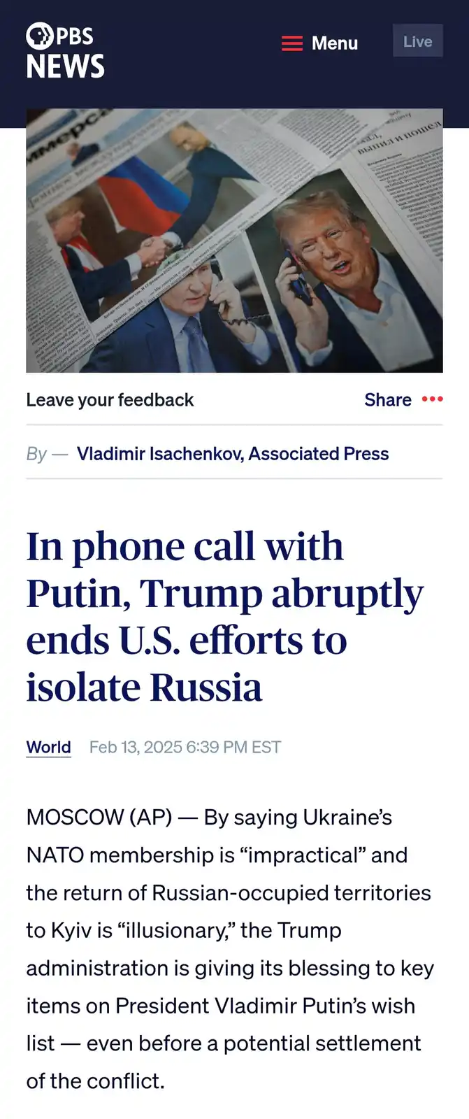 A screenshot of a PBS News article shows a headline about a phone call between Trump and Putin, with the article's text…