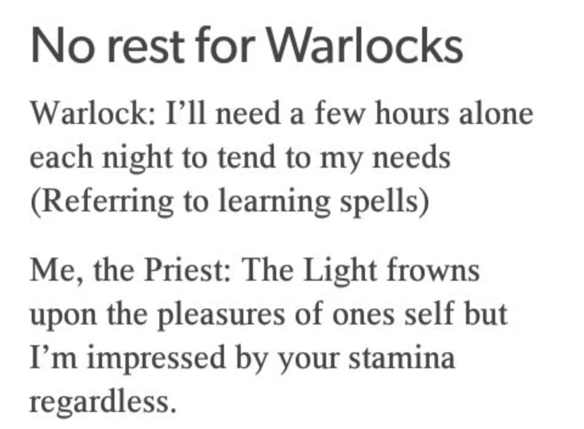 The image displays a plain white background with black text formatted as a dialogue between a Warlock and a Priest from a…
