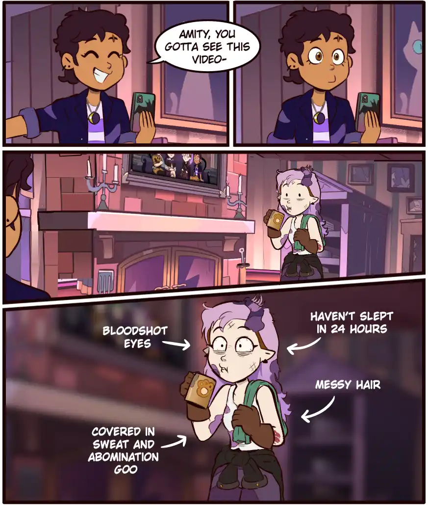 A four-panel comic strip from 'The Owl House' shows a character excitedly showing a video to Amity, who is then revealed in…